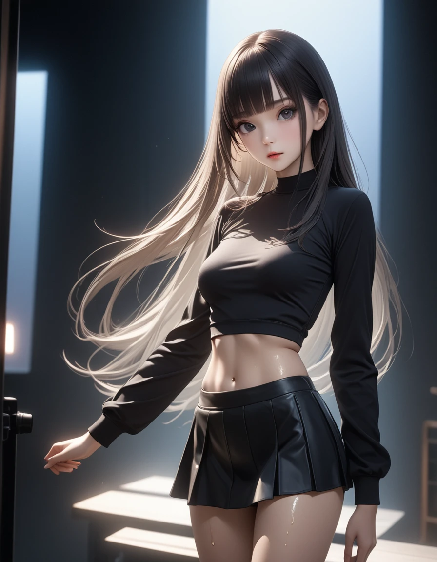 best quality, masterpiece, high resolution,cowboy shot,1woman,25 year old beauty,black hair,long hair,blunt bangs,black eyes,gorgeous eyes,、Brother Jacket,mini skirt、medium breasts, skinny,slender body,lifelike,Side lighting,  (oily skin:1.2), 8K Ultra HD, Soft Light, high quality, Volumetric Lighting,photography, high resolution, 8K,