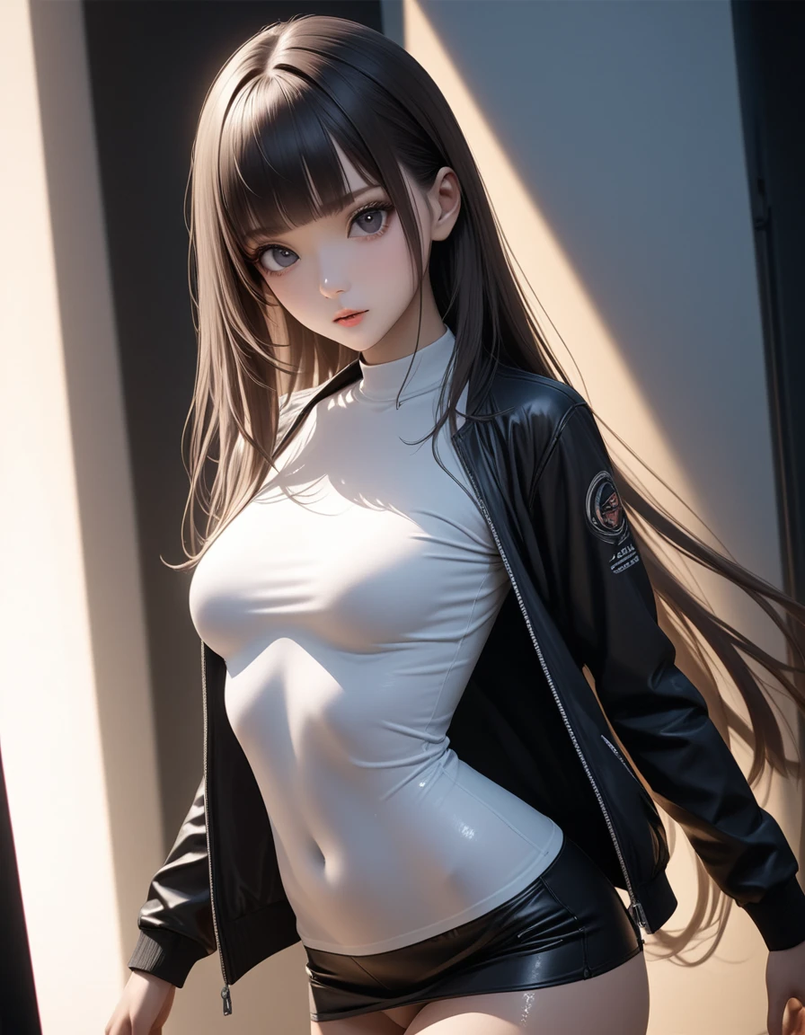 best quality, masterpiece, high resolution,cowboy shot,1woman,25 year old beauty,black hair,long hair,blunt bangs,black eyes,gorgeous eyes,、Brother Jacket,mini skirt、medium breasts, skinny,slender body,lifelike,Side lighting, (oily skin:1.2), 8K Ultra HD, Soft Light, high quality, Volumetric Lighting,photography, high resolution, 8K,