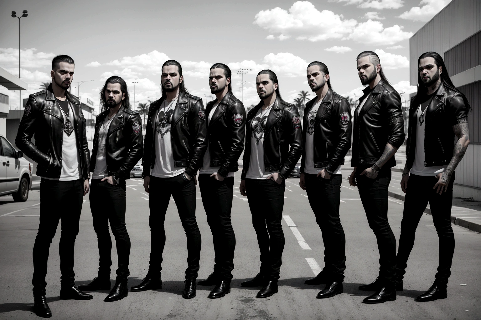 5 men standing in a parking lot, aggressive look, eloy band, slaughterhouse, band promotion, portrait image, profile image, pro - life, promotional photo of the band, threatening look, photo shoot, São Paulo, promotional shot, promo from the proto - metal band, Puerto Rico, by Nándor Katona