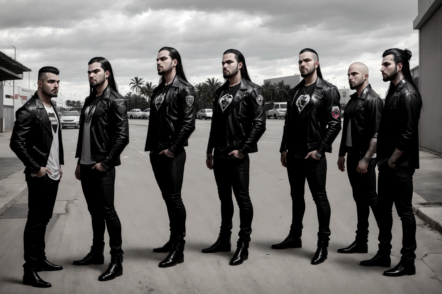 5 men standing in a parking lot, aggressive look, eloy band, slaughterhouse, band promotion, portrait image, profile image, pro - life, promotional photo of the band, threatening look, photo shoot, São Paulo, promotional shot, promo from the proto - metal band, Puerto Rico, by Nándor Katona