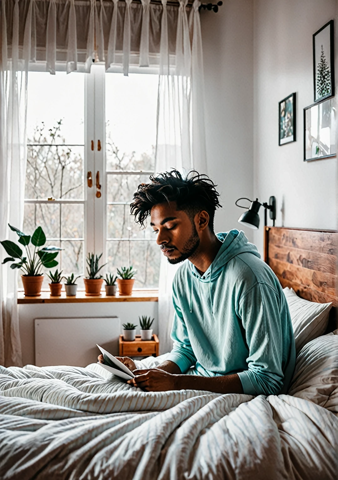 a person getting comfortable in his bed preparing to lucid dream dreamy like aesthetic