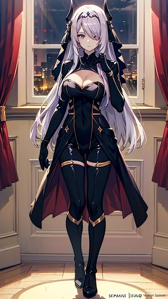 Highest quality, Beautiful and exquisite body,Horn, tiara, Veil,(Clothes that stick to the body，Enamel bodysuit， Black bodysuit, Scapula, Long sleeve, Cleavage cutout, Black gloves, Black overskirt, Black trousers)，Show me your boots，leotard，elegant, 1 Girl, cute, Looking at the audience,  Beautiful Eyes, Beautiful background, Particles of light, Light of the sun, Dramatic lighting, outside, Shiny, Realistic,  Highest quality, Very detailed, Get used to it, scenery, Beautiful and exquisite, Thin Hair，Full Body Shot，Thick thighs，