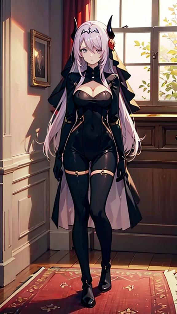 Highest quality, Beautiful and exquisite body,Horn, tiara, Veil,(Clothes that stick to the body，Enamel bodysuit， Black bodysuit, Scapula, Long sleeve, Cleavage cutout, Black gloves, Black overskirt, Black trousers)，Show me your boots，leotard，elegant, 1 Girl, cute, Looking at the audience,  Beautiful Eyes, Beautiful background, Particles of light, Light of the sun, Dramatic lighting, outside, Shiny, Realistic,  Highest quality, Very detailed, Get used to it, scenery, Beautiful and exquisite, Thin Hair，Full Body Shot，Thick thighs，