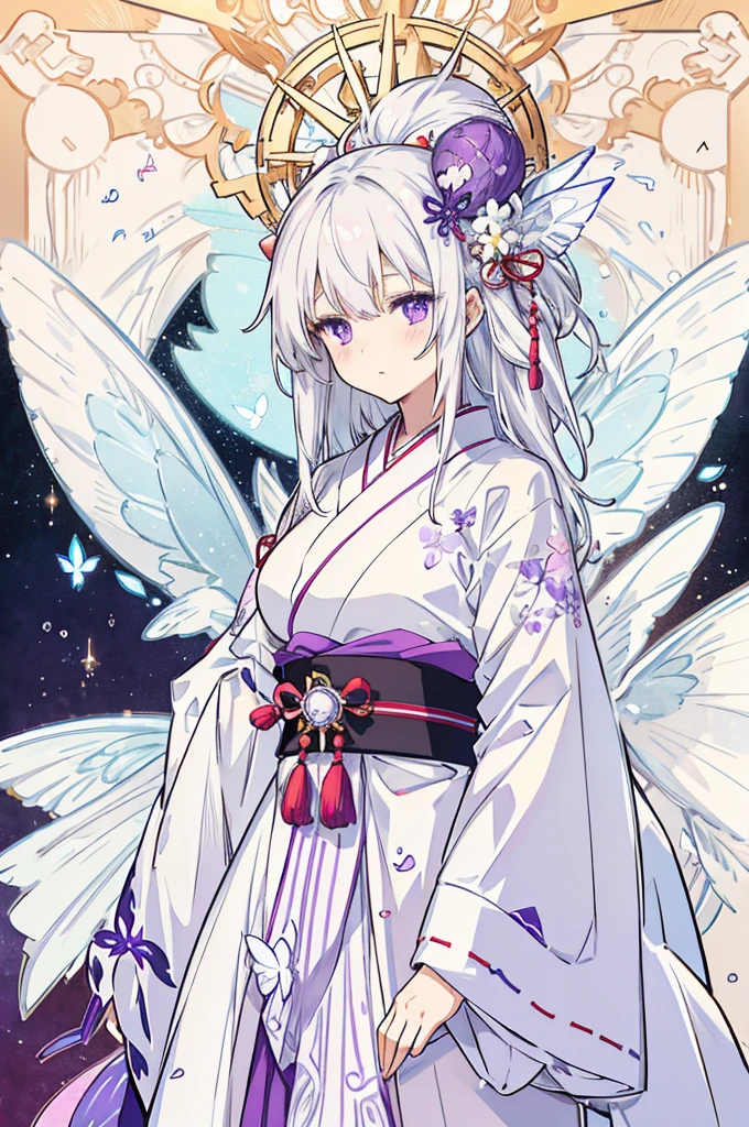 A mystical scene unfolds as a girl with striking purple eyes and snowy white hair dons traditional Japanese attire. Amidst a whimsical atmosphere infused with an anime aesthetic and subtle magic vibes, delicate purple butterflies with translucent wings flutter around her head. The soft focus of the background allows her enigmatic presence to take center stage, while the warm golden lighting accentuates the intricate details of her clothing.