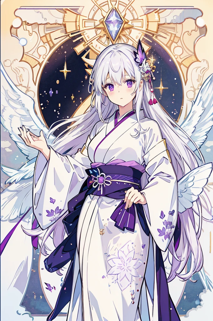 A mystical scene unfolds as a girl with striking purple eyes and snowy white hair dons traditional Japanese attire. Amidst a whimsical atmosphere infused with an anime aesthetic and subtle magic vibes, delicate purple butterflies with translucent wings flutter around her head. The soft focus of the background allows her enigmatic presence to take center stage, while the warm golden lighting accentuates the intricate details of her clothing.