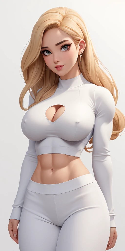 Masterpiece, highly detailed, high res, dynamic, A image of a woman in a white top and white pants, ((((Massive breasts)))), (muscular), ((((huge muscles)))) fanart da coelhinha lola, commission for high resolution, CO Commission, Gwen Stacy, corpo perfeitamente sombreado, Emma Geada, Retrato de Emma Frost, Deusa loira, desenhado no estilo de artgerm, em roupas brancas, corpo perfeito sombreado realista, Betty Cooper, It's not artgerm style, ((((Massive breasts)))), (muscular), ((((huge muscles))))