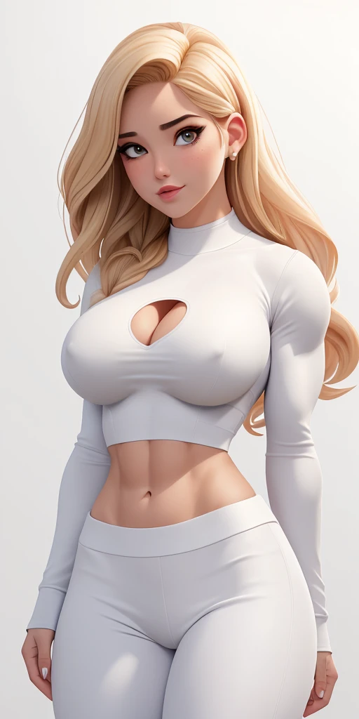 Masterpiece, highly detailed, high res, dynamic, A image of a woman in a white top and white pants, ((((Massive breasts)))), (muscular), ((((huge muscles)))) fanart da coelhinha lola, commission for high resolution, CO Commission, Gwen Stacy, corpo perfeitamente sombreado, Emma Geada, Retrato de Emma Frost, Deusa loira, desenhado no estilo de artgerm, em roupas brancas, corpo perfeito sombreado realista, Betty Cooper, It&#39;s not artgerm style, ((((Massive breasts)))), (muscular), ((((huge muscles))))