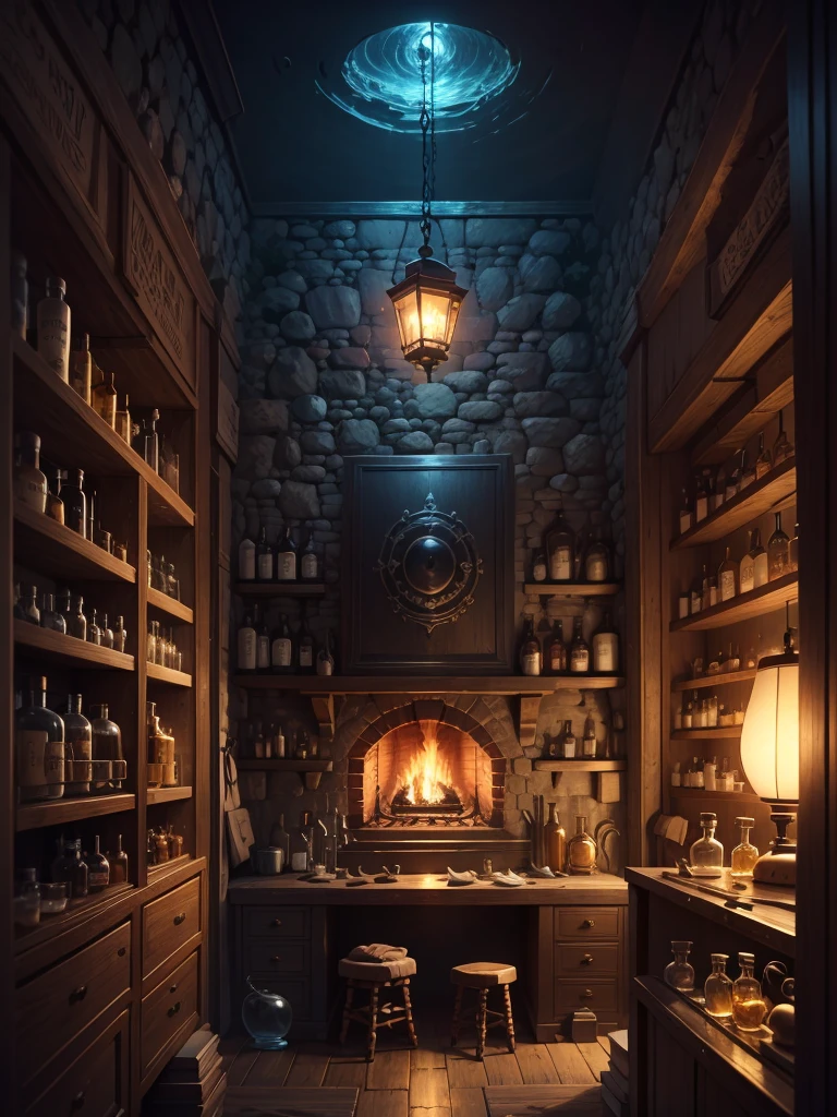 An alchemist laboratory full of magic potions and alchemist ingredientes, magic potion, potion,decora accesories, harajuku fashion style,Potion/Perfume bottle, display, masterpiece, vibrant colors
