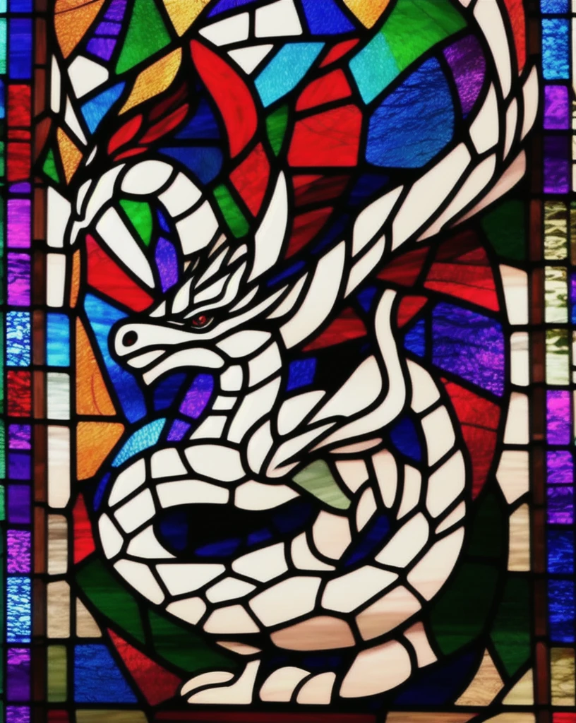 best quality,masterpiece,highly detailed,ultra-detailed, Stained glass of Cubism white dragon, a black beak, and dark streaks on its breast.
 