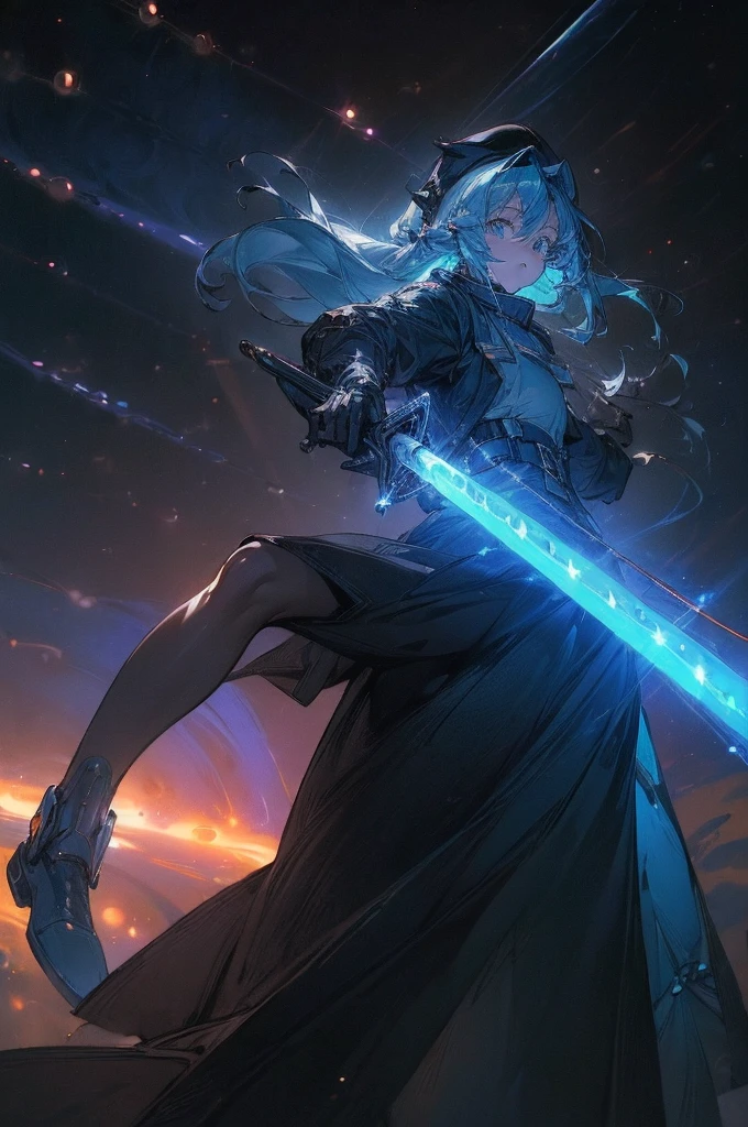 (((((((science fiction space fantasy)))))))A badass woman, an adult, (A female commander), ((a leader of a fleet of intergalactic armies)), White high ponytail with a glowing light blue highlights at the ends, Wielding a sword with deep blue aura, the mystical blade in her hand emitting a bright contrast blue light with a ray of energy, a futuristic intergalactic military uniform, Wearing Black shorts exposing the thighs, with a captain hat hat, a long simple dark boots. A masterpiece illustration, a light novel cover, best quality, best detail(Light novel illustrations), Arknights style, masterpiece, high quality, detailed.