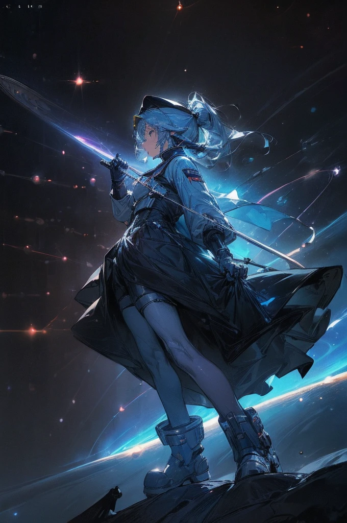 (((((((science fiction space fantasy)))))))A badass woman, an adult, (A female commander), ((a leader of a fleet of intergalactic armies)), White high ponytail with a glowing light blue highlights at the ends, Wielding a sword with deep blue aura, the mystical blade in her hand emitting a bright contrast blue light with a ray of energy, a futuristic intergalactic military uniform, Wearing Black shorts exposing the thighs, with a captain hat hat, a long simple dark boots. A masterpiece illustration, a light novel cover, best quality, best detail(Light novel illustrations), Arknights style, masterpiece, high quality, detailed.