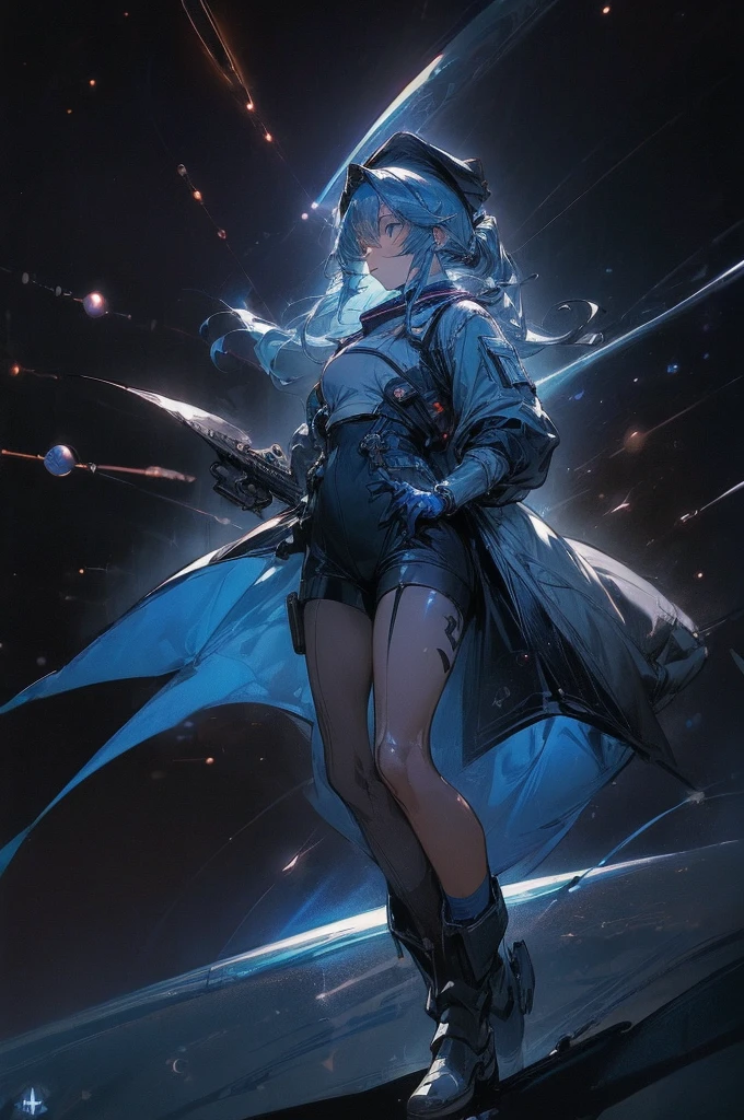 (((((((science fiction space fantasy)))))))A badass woman, an adult, (A female commander), ((a leader of a fleet of intergalactic armies)), White high ponytail with a glowing light blue highlights at the ends, Wielding a sword with deep blue aura, the mystical blade in her hand emitting a bright contrast blue light with a ray of energy, a futuristic intergalactic military uniform, Wearing Black shorts exposing the thighs, with a captain hat hat, a long simple dark boots. A masterpiece illustration, a light novel cover, best quality, best detail(Light novel illustrations), Arknights style, masterpiece, high quality, detailed.