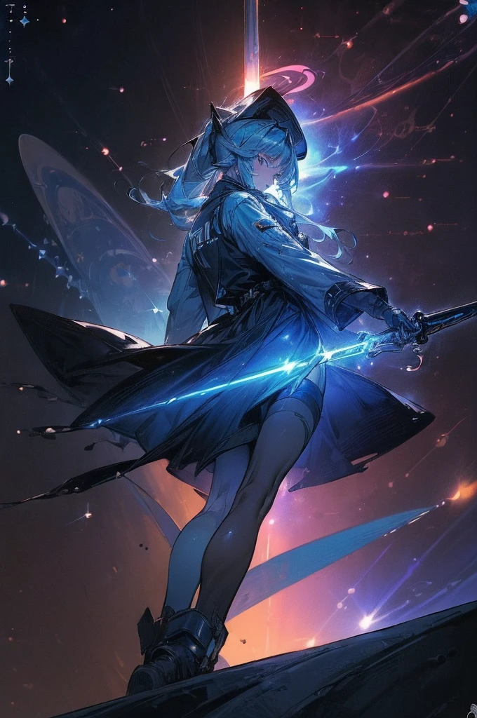 (((((((science fiction space fantasy)))))))A badass woman, an adult, (A female commander), ((a leader of a fleet of intergalactic armies)), White high ponytail with a glowing light blue highlights at the ends, Wielding a sword with deep blue aura, the mystical blade in her hand emitting a bright contrast blue light with a ray of energy, a futuristic intergalactic military uniform, Wearing Black shorts exposing the thighs, with a captain hat hat, a long simple dark boots. A masterpiece illustration, a light novel cover, best quality, best detail(Light novel illustrations), Arknights style, masterpiece, high quality, detailed.