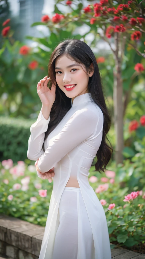 detailed body, attractive body, perfect human body, realistic face,
(ultimate quality, masterpiece, highres:1.0), realistic:1.6, photorealistic,
[8k UHD photos, UHD high quality photos, Super detailed and super clear images],
Close-up of a Vietnamese girl with a beautiful face and balanced body, leggy, round face, big round eyes, Charming smile, Red lips, long curly eyelashes, big dimples, pointed chin, plump face, Her face resembles BaoTran x ThanhThanh, Tall and plump figure, see-through pants with clearly visible underwear,
wearing a bright and shiny white silk ao dai with embroidered flowers, sitting and playing with the sand and ocean waves, pose sexy,
Silk ao dai,