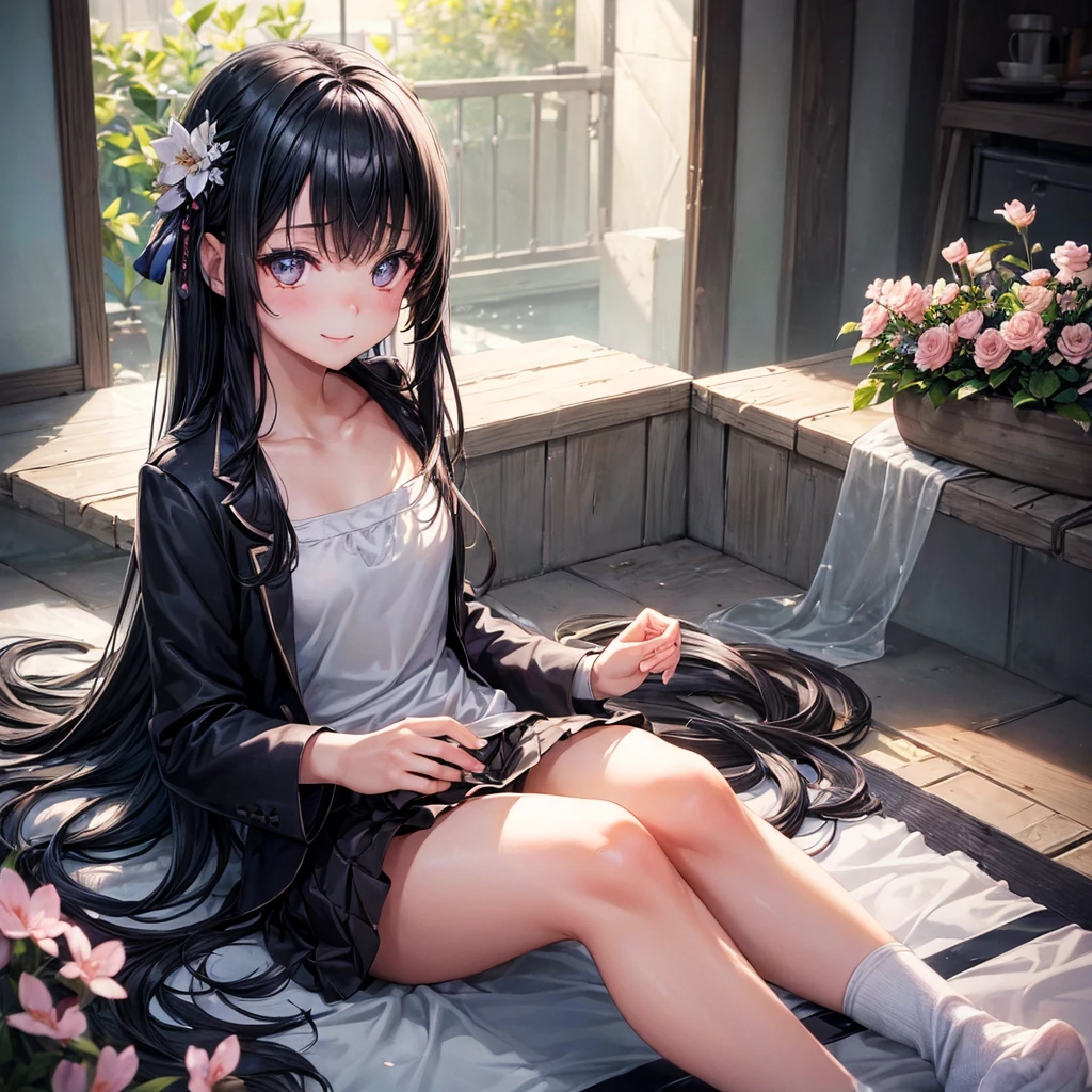 (Little Girl:1.5),(masutepiece, side lights, Dense beautiful gray eyes: 1.2), medium breasts⁩, Realistic, Glowing eyes，Shiny hair,Black hair,Long long hair, Lustrous skin, 独奏, embarrassed from,Strapless,Exquisite,beautifly,a smile，Uniforms，Black Blazer Garden,Flowers,Flying petals, Bare legs, cherry blossom, Cinematic Light, girl，Loose Socks，Cinematic composition, abundant