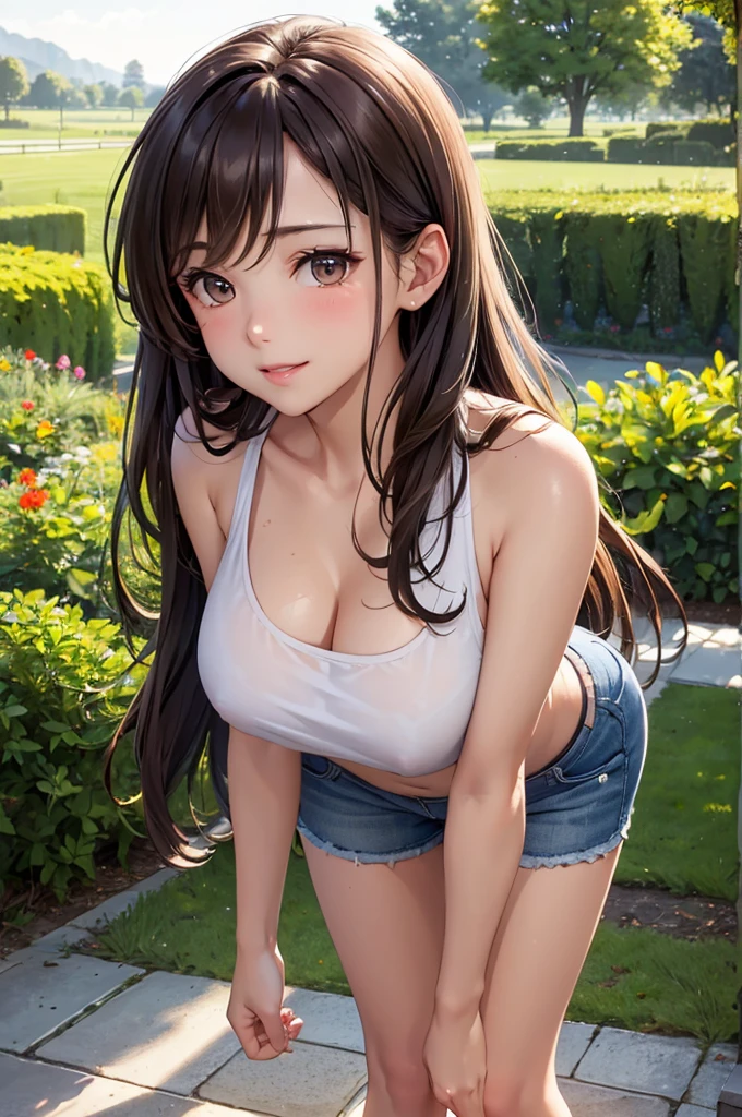 (Best Quality,High resolution,8K,finelity detailed background,Masterpiece:1.2),beautiful girl,Shiny brown hair,messy hair,Brown eyes,Gentle look,A refreshing look,Best quality,Best Quality,Aesthetic and aesthetic:1.2,Best details((Super detailed))(High-definition CG illustrations),Tank top,crop top,shorts,Slender body,Light of the sun,garden,smile,blush,cute,Scrounge,Looking up,Being spoiled,bent over