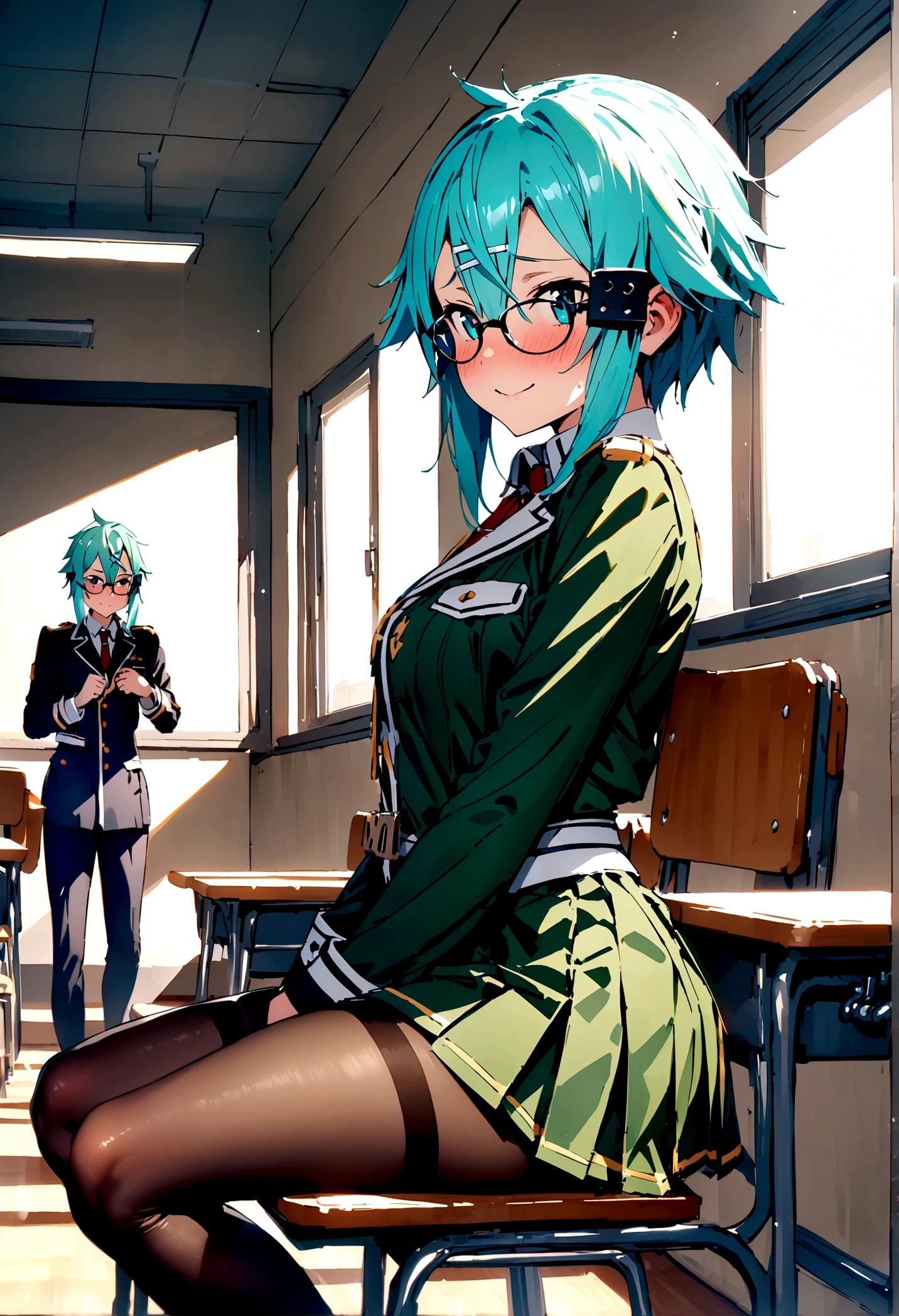 NSFW,masterpiece,Highest quality,High resolution,Super detailed,Sinon\(Sword Art Online\),Glasses,uniform,mini skirt,pantyhose,Embarrassed,expectant face,smile,blush,School,classroom,Sit on a chair,From the side