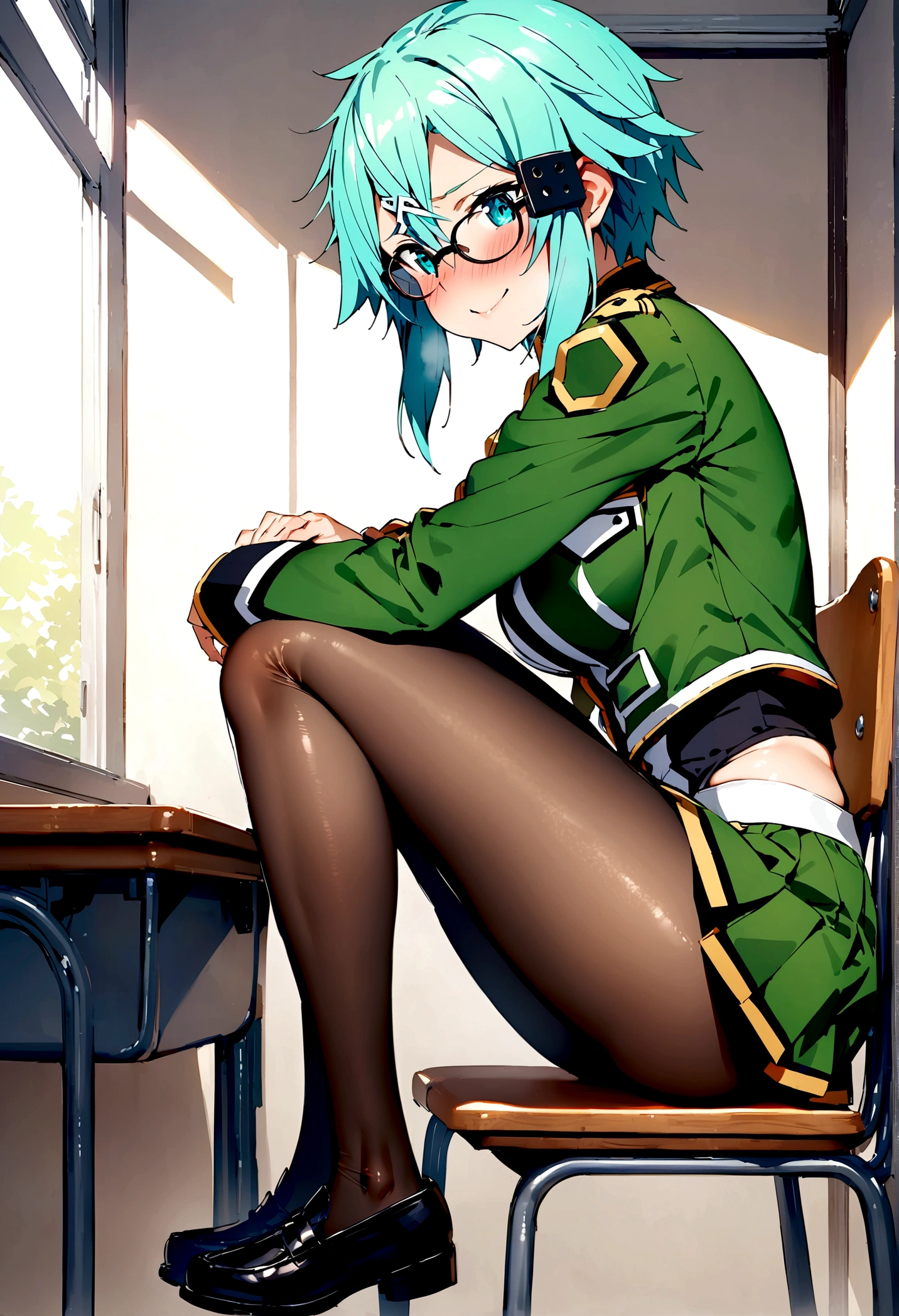 NSFW,masterpiece,Highest quality,High resolution,Super detailed,Sinon\(Sword Art Online\),Glasses,uniform,mini skirt,pantyhose,Embarrassed,expectant face,smile,blush,School,classroom,Sit on a chair,From the side