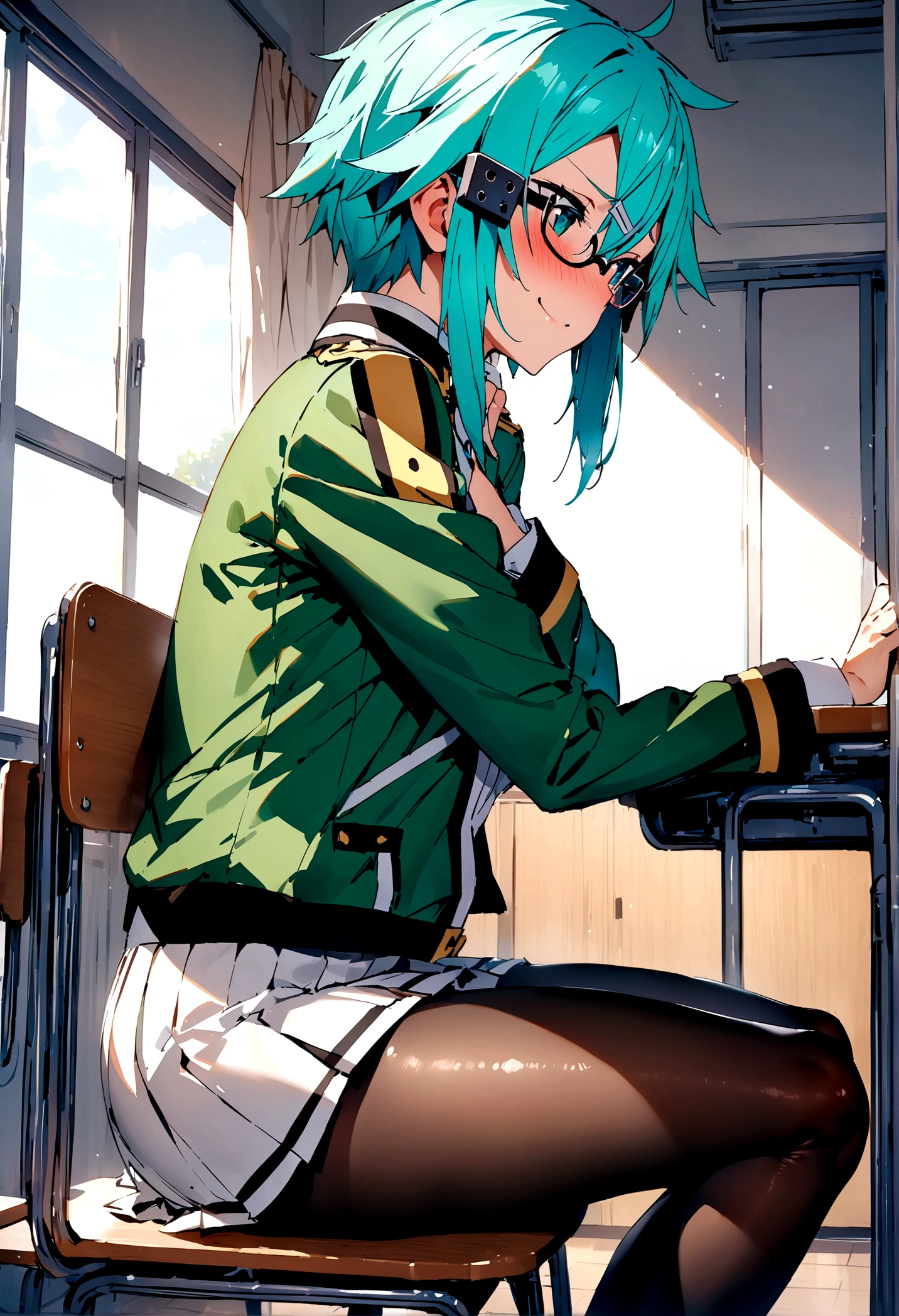 NSFW,masterpiece,Highest quality,High resolution,Super detailed,Sinon\(Sword Art Online\),Glasses,uniform,mini skirt,pantyhose,Embarrassed,expectant face,smile,blush,School,classroom,Sit on a chair,From the side