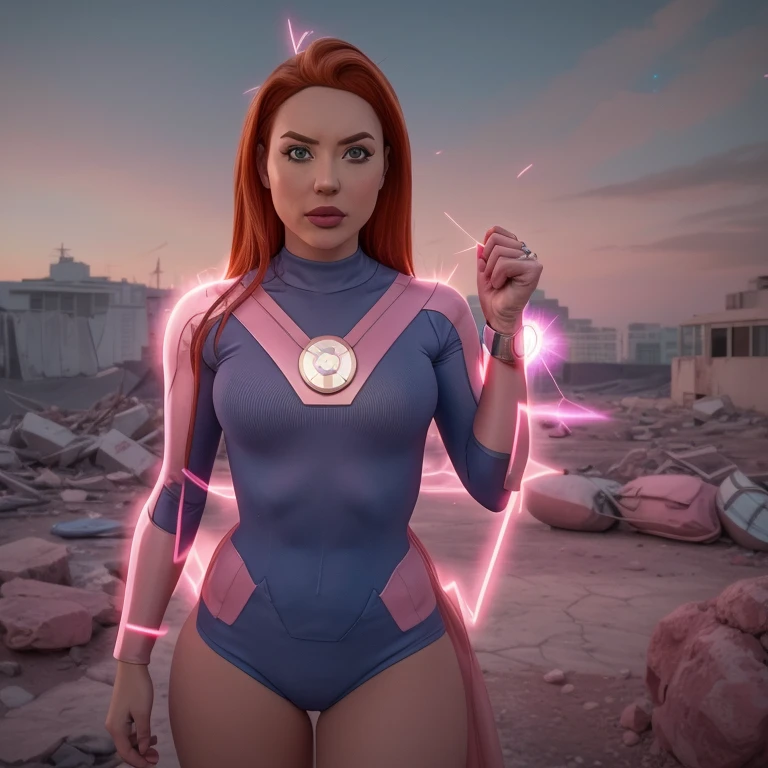 Atom Eve from Invincible wearing (vaultsuit with pipboy3000 on wrist) standing in a ruined city, pink and light pink vaultsuit, ((pipboy3000 on wrist)), professional photography,  well drawn, masterpiece, hyper realistic, ultra detailed, high quality, best quality, 4k, 8k, raw 