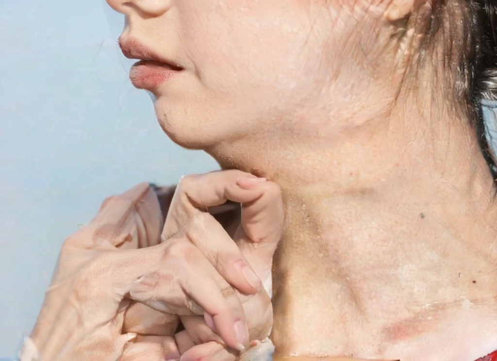 Hand holding fat under chin, close-up, advertising image