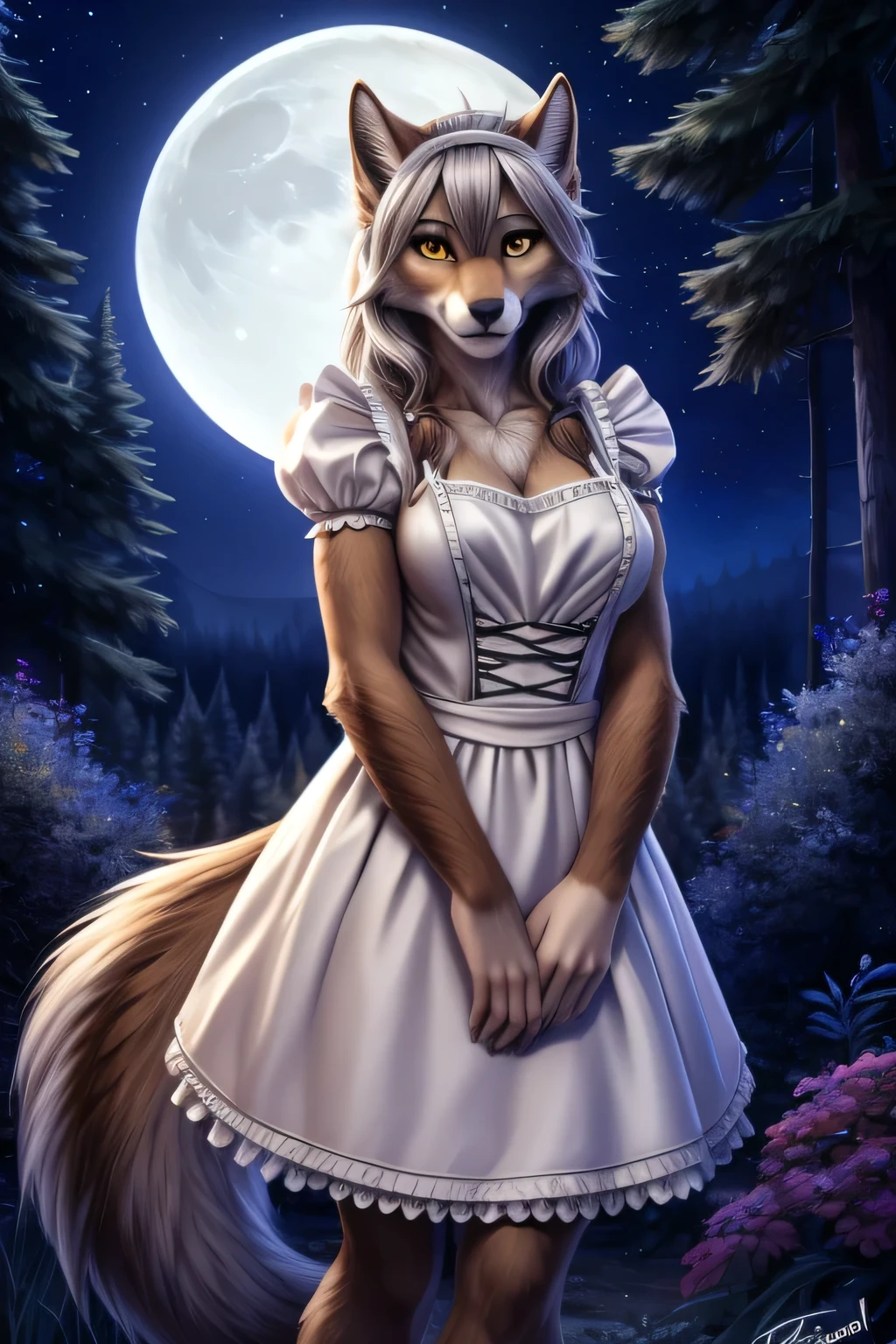 solo, female, tkraine, wolf, yellow eyes, silver hair, white fur, raine_silverlock, twokinds, personalami, rating:safe, anthro, arm_tuft, forest, night, stars, moon, tail, maid, maid apron, brown fur, brown hair, brown eyes, female, breasts, adult