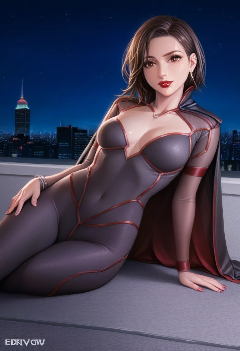 score_9_up, score_8_up, score_7_up, 1girl, solo, mature female, ((Stormfront from boys)), black short hair, brown eyes, red lips, parted lips, fit slim body, (((black tight suit with black cape))), (((roof in New York, night time, skyscraper roof))), perfect model body, seductive pose