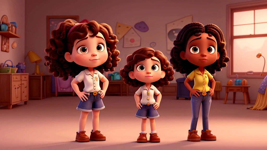 Cartoon of a girl with white curly hair next to her dark-skinned father, and her brunette sister 3D animation film, animated film, pixar 3d animation style, pixar renderman rendering, maia 8 mil, animated film, Disney Pixar 3D Style, , Disney Pixar animation