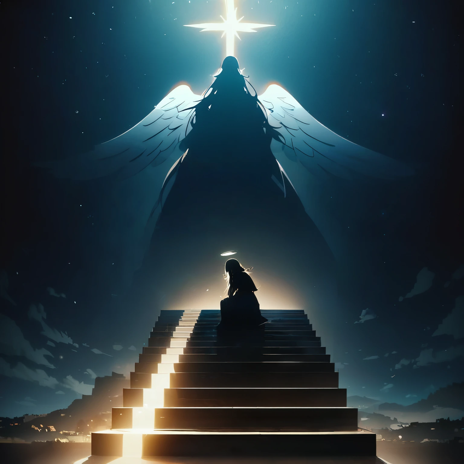 (best quality,8k,highres, masterpiece:1.2), dramatic lighting,Multiple angels, night sky, outdoors, beard, spotlight from the sky, ladder from the earth to the moon, angels sitting on steps here and there, double exposure,(anime style),shining angel wings,