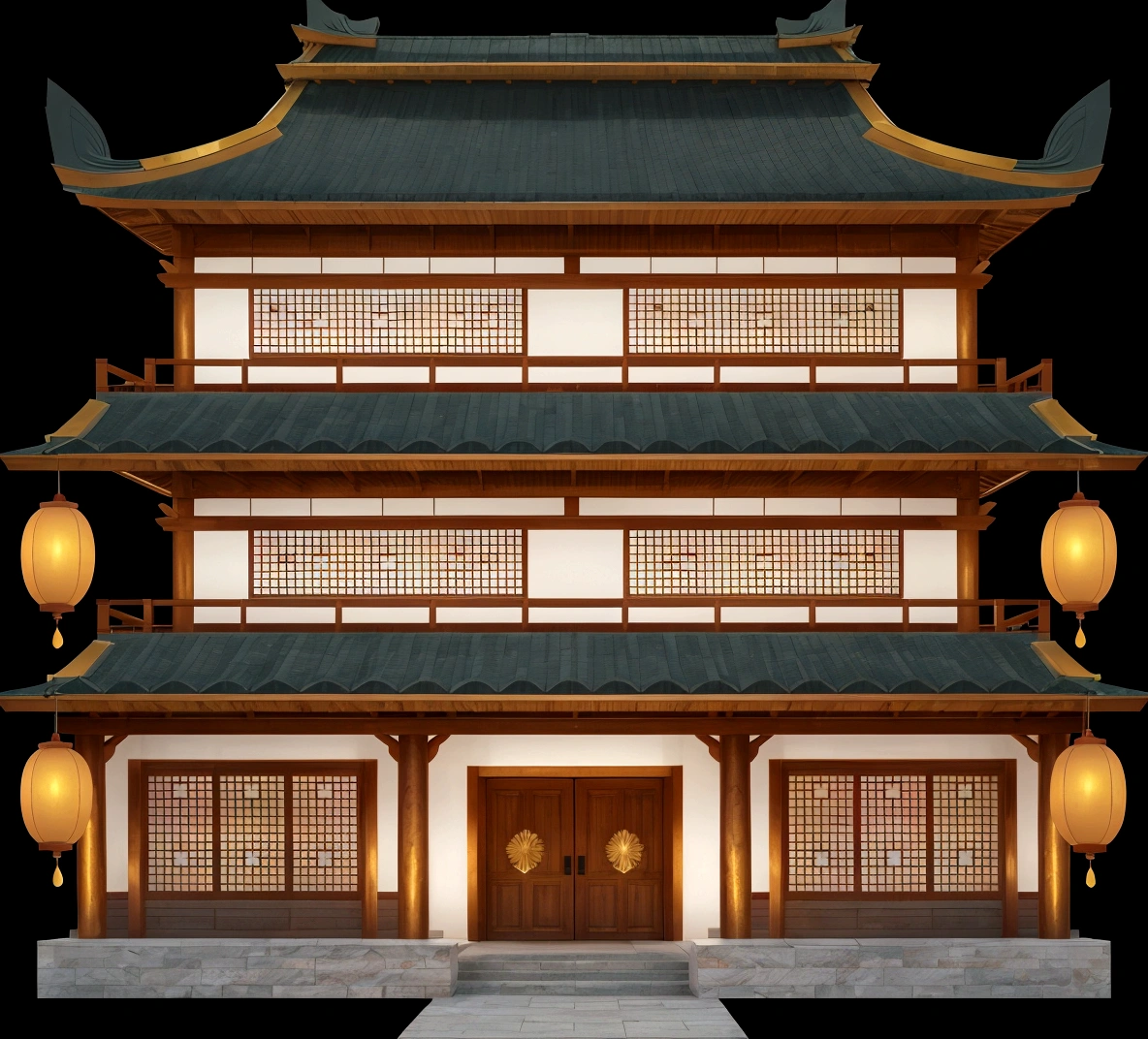 illustration of a traditional chinese building with lanterns and a bird, temple background, zen temple background, background depicting a temple, digital painting of a pagoda, japanese temple, japanese house, korean traditional palace, background art, palace background, chinese building, artwork in the style of z.w. gu, cyberpunk japanese temple, inspired by Shūbun Tenshō