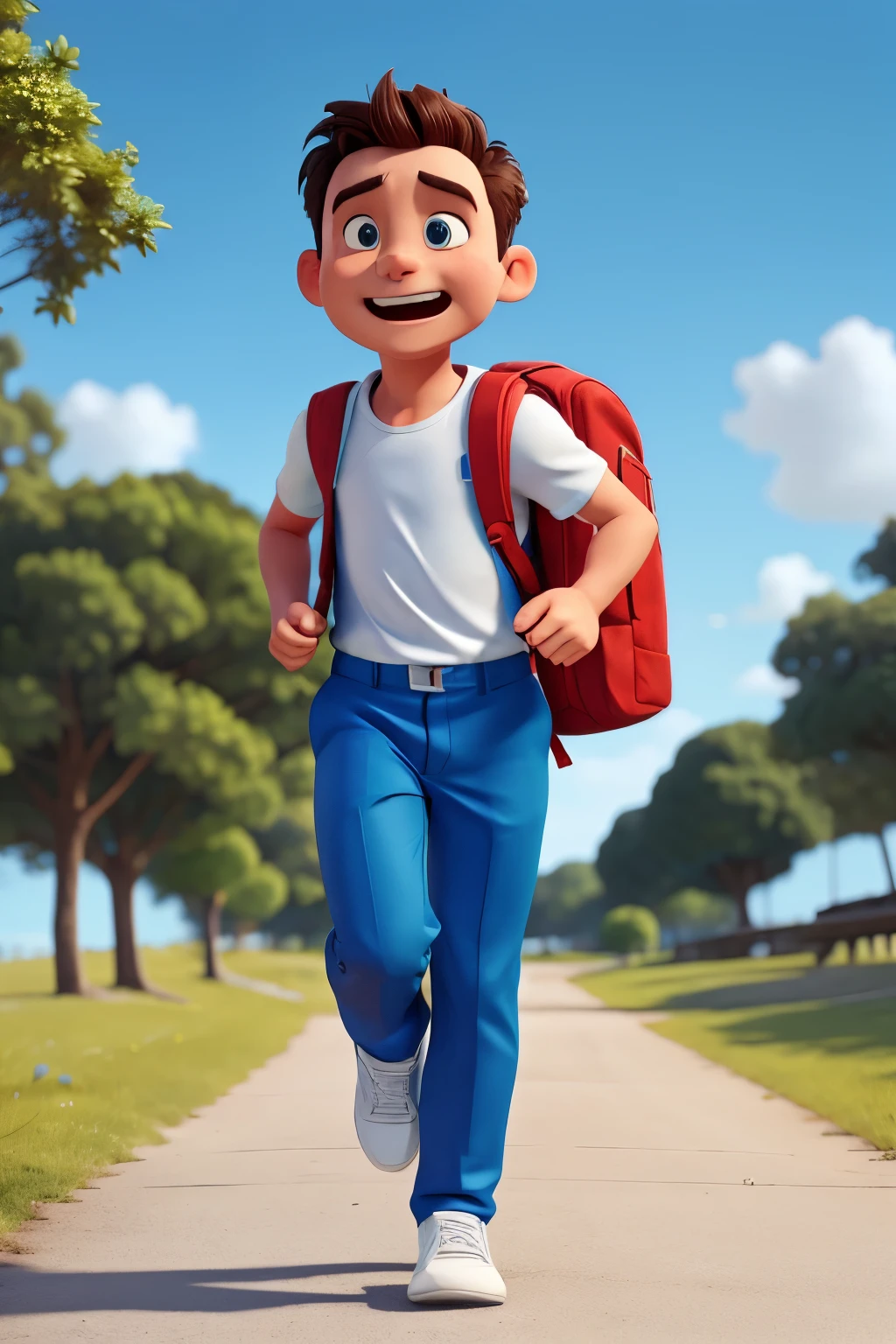 running with his mouth open with blue pants and white shirt and backpack on his back