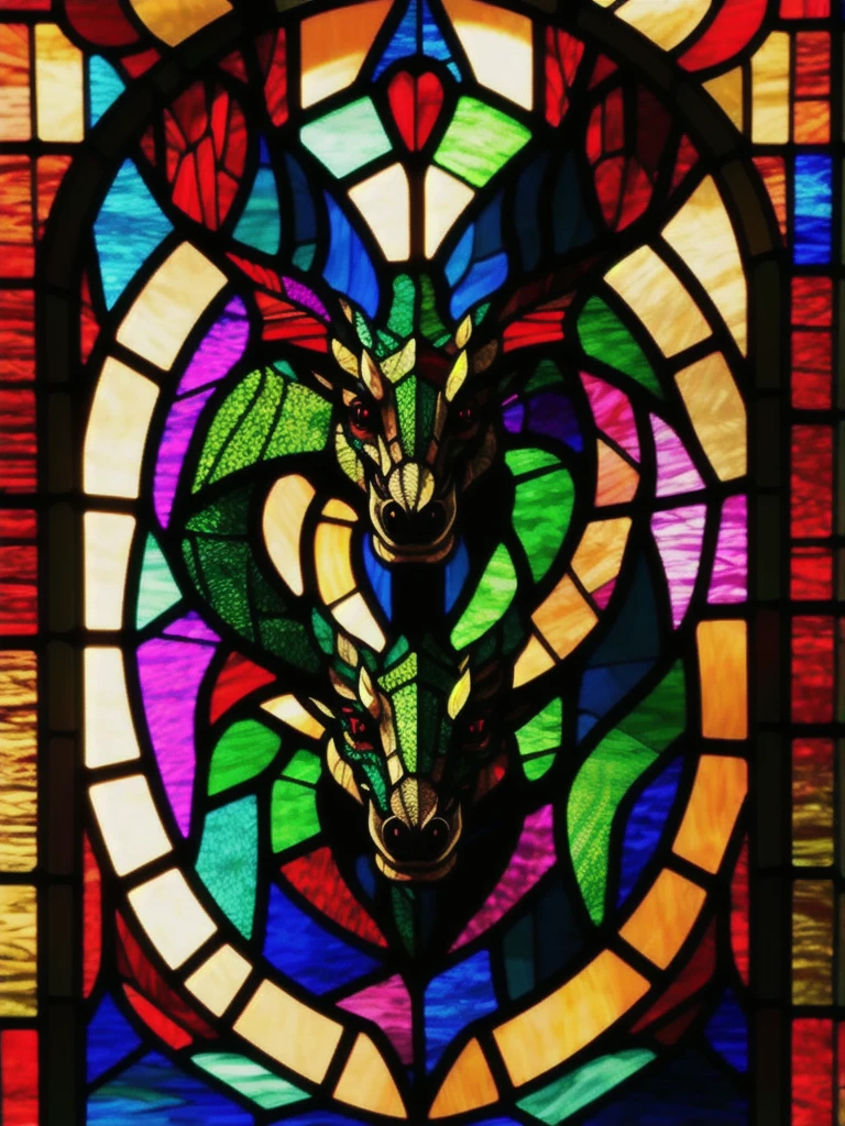 best quality,masterpiece,highly detailed,ultra-detailed, Stained glass of Cubism dragon, a black beak, and dark streaks on its breast.
 