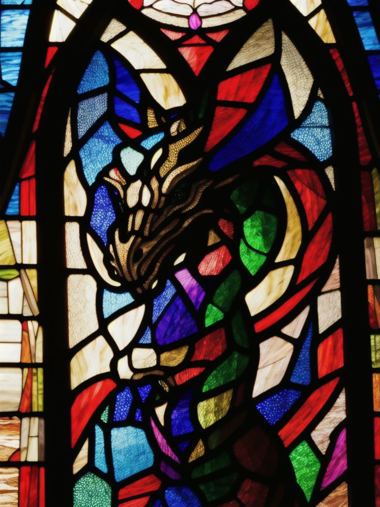 best quality,masterpiece,highly detailed,ultra-detailed, Stained glass of Cubism dragon, a black beak, and dark streaks on its breast.