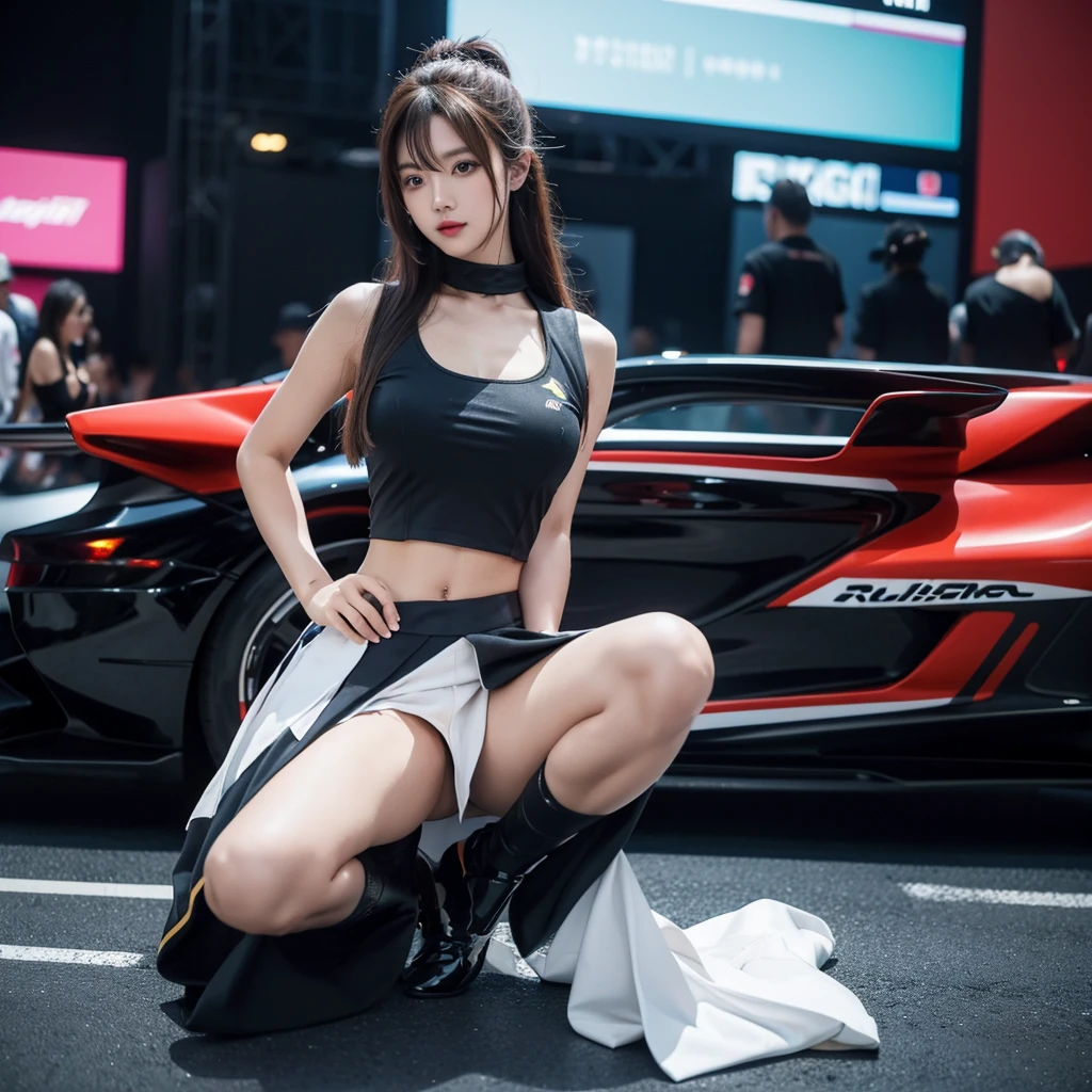 Cool woman、Colorful costumes、F1 Driver Cosplay、Colorful costumes、Clothing with company logo、Grid Girlsのカラフルで派手な衣装、Grid Girls、Perfect Face、Paddock Girls、Harem、motor Show、tights、Bodycon Costumes、Grid Girls、Russia、Grid Girlsのコスプレ、belly button、Pleated skirt、Bodycon Costumes、Photographed in a sexy pose