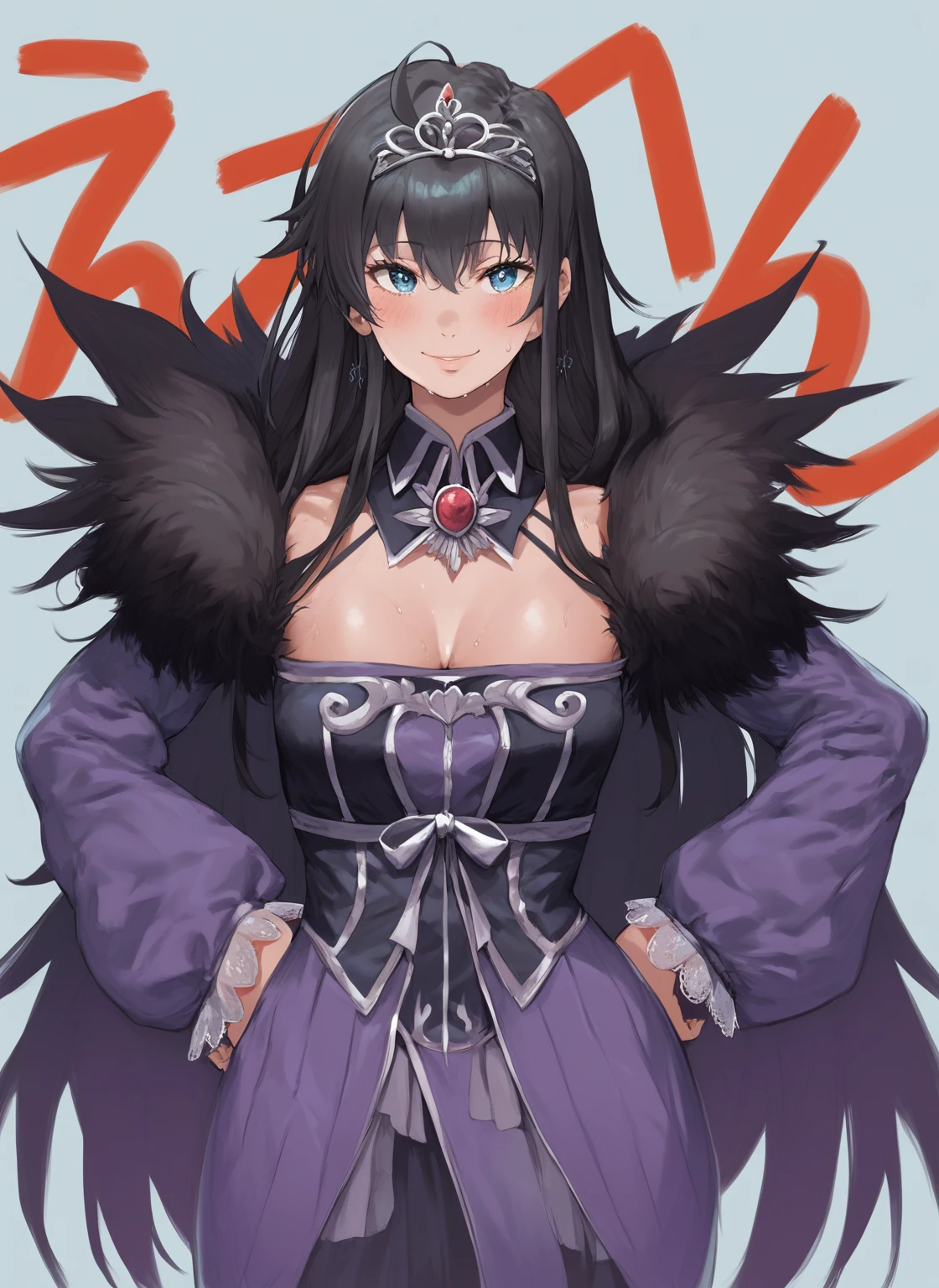 score_9, score_8_up, score_7_up, score_6_up, uncensored, Yukinoshita yukino, black hair, long hair, blue eyes, sweating, BREAK (masterpiece:1.2), best quality, high resolution, (detailed eyes:1.3), perfect lighting, (perfect hands, perfect anatomy), hearts, pleasured, (small breasts:1.3), 1girl, breasts, dress, rating:safe, purple_dress, tiara, hands_on_hips, solo, cleavage, jewelry, hand_on_hip, fur_trim, long_sleeves, detached_collar, seductive smile,