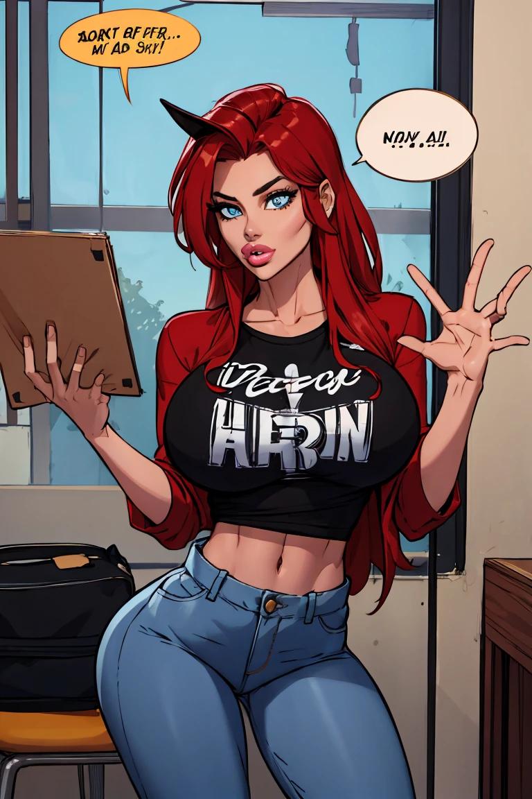 Mulher ruiva com seios grandes, rabo de cavalo, camisa vermelha, denim trousers, casual scenario she is leaning on something, a speech balloon, perfect eyes, perfect hands