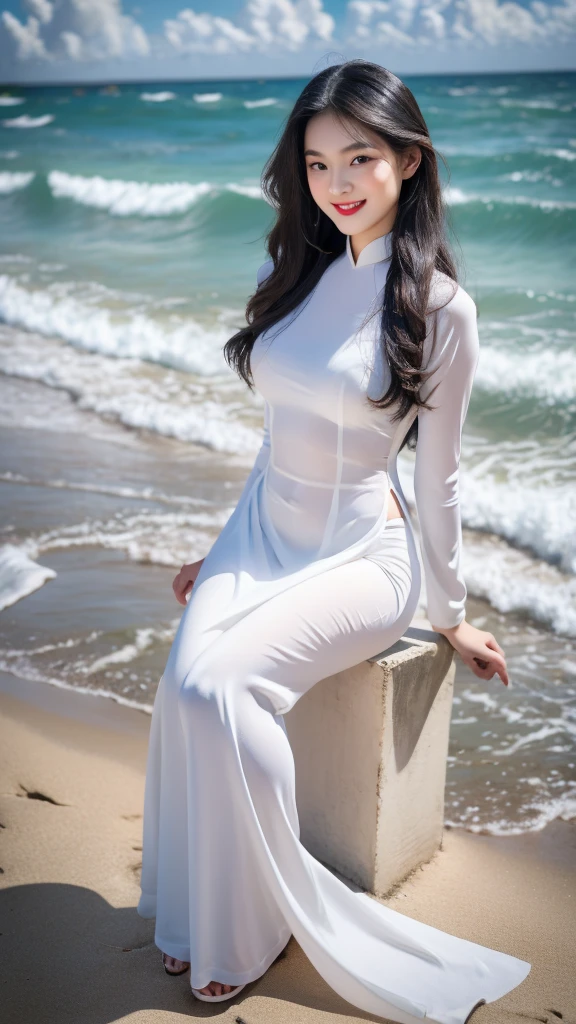 detailed body, attractive body, perfect human body, realistic face,
(ultimate quality, masterpiece, highres:1.0), realistic:1.6, photorealistic,
[8k UHD photos, UHD high quality photos, Super detailed and super clear images],
Close-up of a Vietnamese girl with a beautiful face and balanced body, leggy, round face, big round eyes, Charming smile, Red lips, long curly eyelashes, big dimples, pointed chin, plump face, Her face resembles BaoTran x ThanhThanh, Tall and plump figure, see-through pants with clearly visible underwear,
wearing a bright and shiny white silk ao dai with embroidered flowers, sitting and playing with the sand and ocean waves, pose sexy,
Silk ao dai,