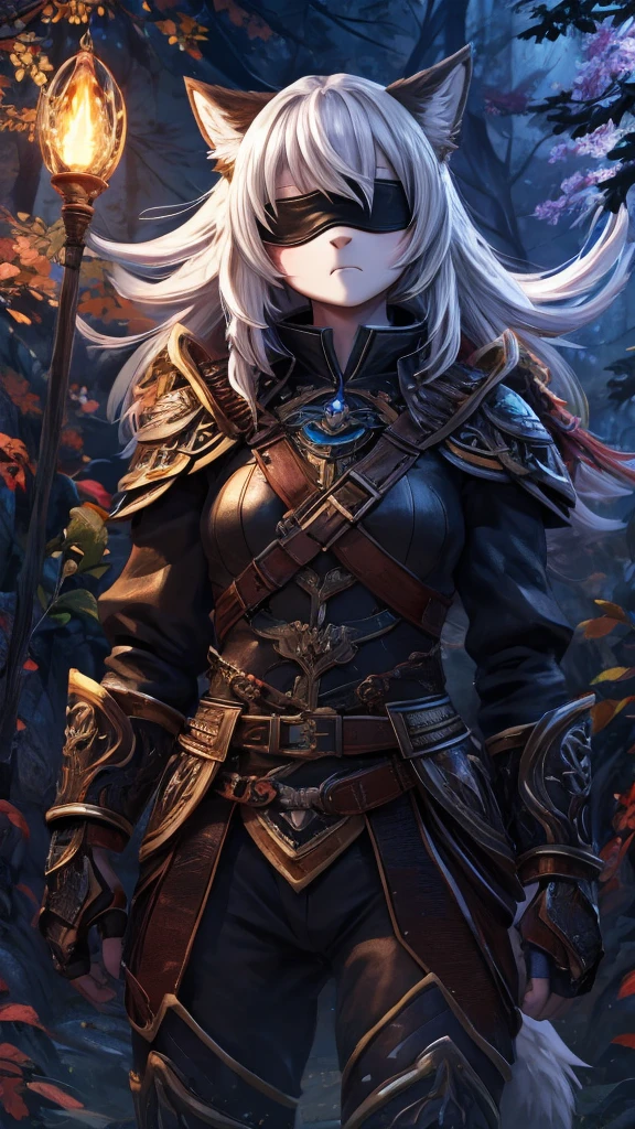 a single furry girl with black armor standing in middle of the night with a black broadsword, humanoid, anthro girl, furry girl, wolf ears, white hair, white skin, no eyes, black blindfold, night in the forest, angry face, black armor, beautiful background, anime style, 4k, insanely detailed, beautifully lit, masterpiece, best quality, ultra-detailed