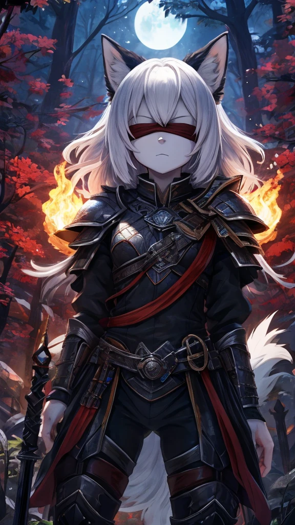 a single furry girl with black armor standing in middle of the night with a black broadsword, humanoid, anthro girl, furry girl, wolf ears, white hair, white skin, no eyes, black blindfold, night in the forest, angry face, black armor, beautiful background, anime style, 4k, insanely detailed, beautifully lit, masterpiece, best quality, ultra-detailed