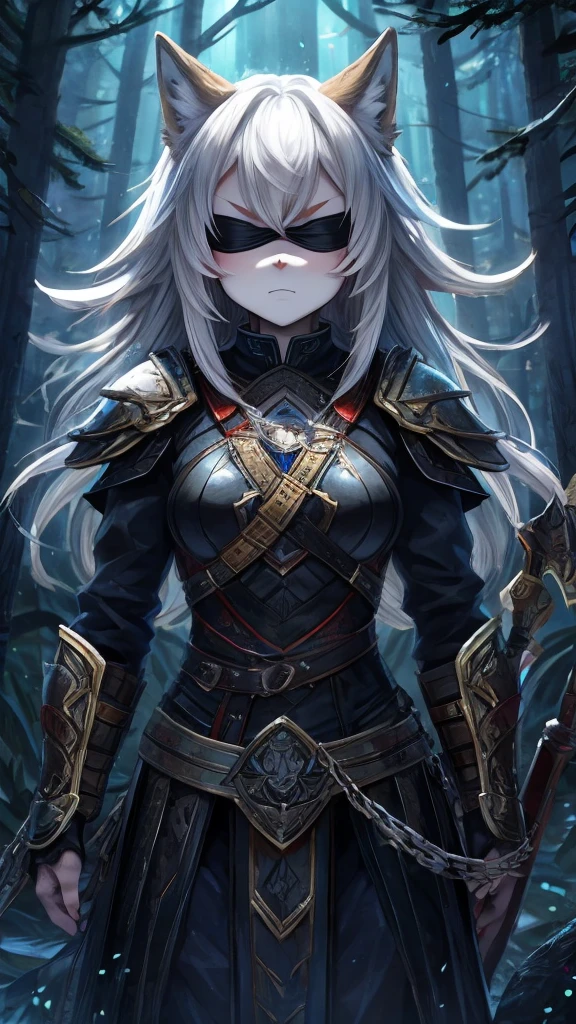 a single furry girl with black armor standing in middle of the night with a black broadsword, humanoid, anthro girl, furry girl, wolf ears, white hair, white skin, no eyes, black blindfold, night in the forest, angry face, black armor, beautiful background, anime style, 4k, insanely detailed, beautifully lit, masterpiece, best quality, ultra-detailed