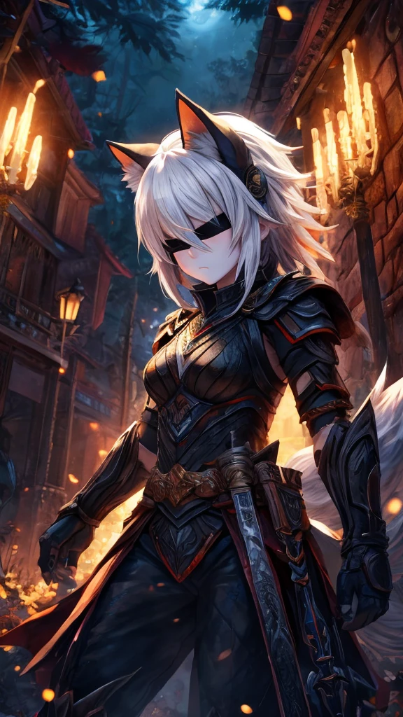 a single furry girl with black armor standing in middle of the night with a black broadsword, humanoid, anthro girl, furry girl, wolf ears, white hair, white skin, no eyes, black blindfold, night in the forest, angry face, black armor, beautiful background, anime style, 4k, insanely detailed, beautifully lit, masterpiece, best quality, ultra-detailed
