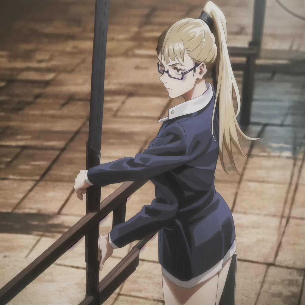 ponytail, blonde hair, 1girl, uniform, without glasses, loose hair, hair cut in layers