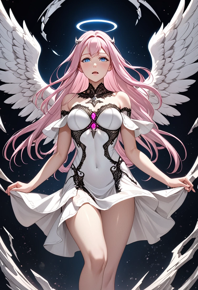 ((Highest quality)),(Ultra-high resolution),(Very detailed),(Detailed Description),((The best CG)),(masterpiece),Highly detailed art,Amazing drawing art,(Art with precise details:1.5), (Female angel:1.4),One girl, lillia, One Girl、Pink long hair、blue eyes、White dress with black lace、large pink ribbon on the chest, 聞こえるRoar, In the Dark, Shaking, The earth cracks, Standing posture, justice, Legendary, Anatomy, Roar, Extreme Speed,