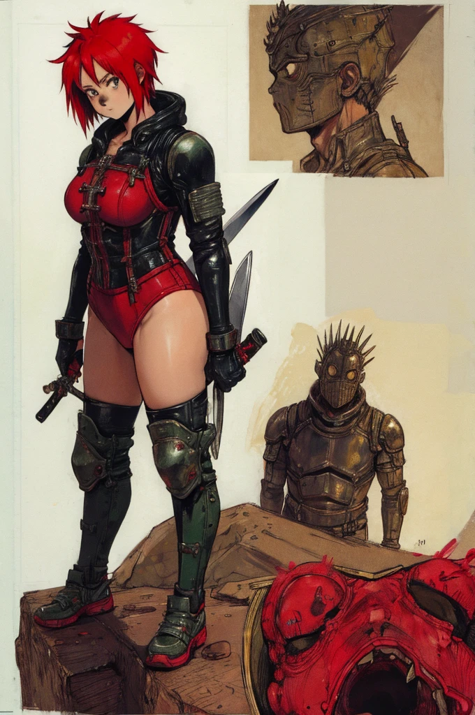 Dorohedoro Style, sexy young girl with short red hair in knight's armor, a girl holding a sword