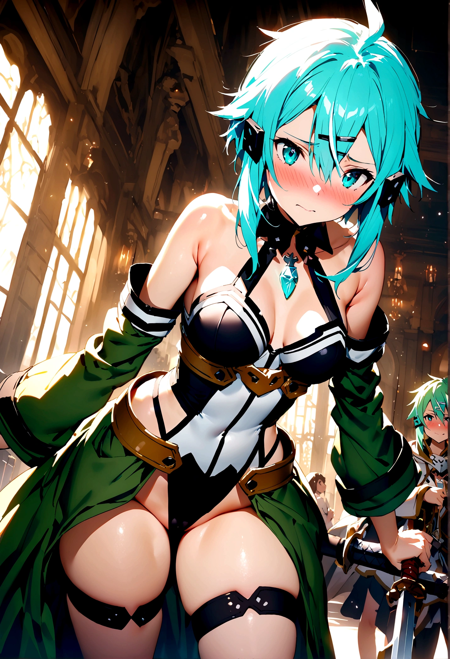 NSFW,masterpiece,Highest quality,High resolution,Super detailed,Sinon\(Sword Art Online\),Bare shoulders,Removable sleeves,Hand guard,leotard,Cape,Frilled mini skirt,gem, hair ornaments, Hair Clip,Thigh straps,Embarrassed,A patient face,(Lust),(Estrus),blush,Fantasy,Adventurer's Guild,reception,indoor