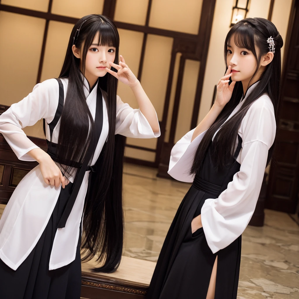 high resolution、Five Girls、Black Hanfu、Standing with your legs apart、palace、dim、Put your hand over your mouth、Long Hair、ponytail、Moe sleeves、Sneaky