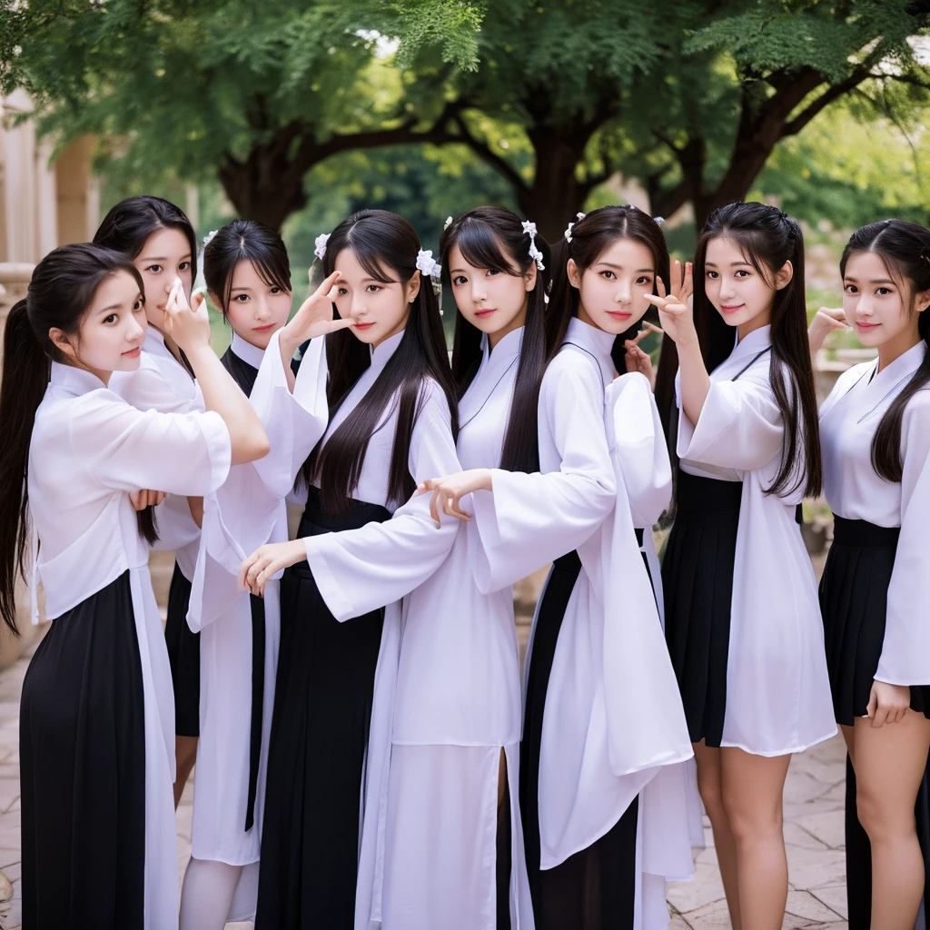 high resolution、Five Girls、Black Hanfu、Standing with your legs apart、palace、dim、Put your hand over your mouth、Long Hair、ponytail、Moe sleeves、Sneaky