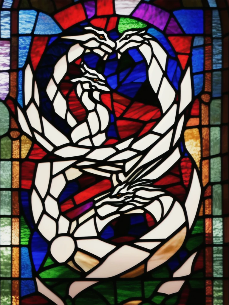 best quality,masterpiece,highly detailed,ultra-detailed, Stained glass of Cubism white dragon, a black beak, and dark streaks on its breast.