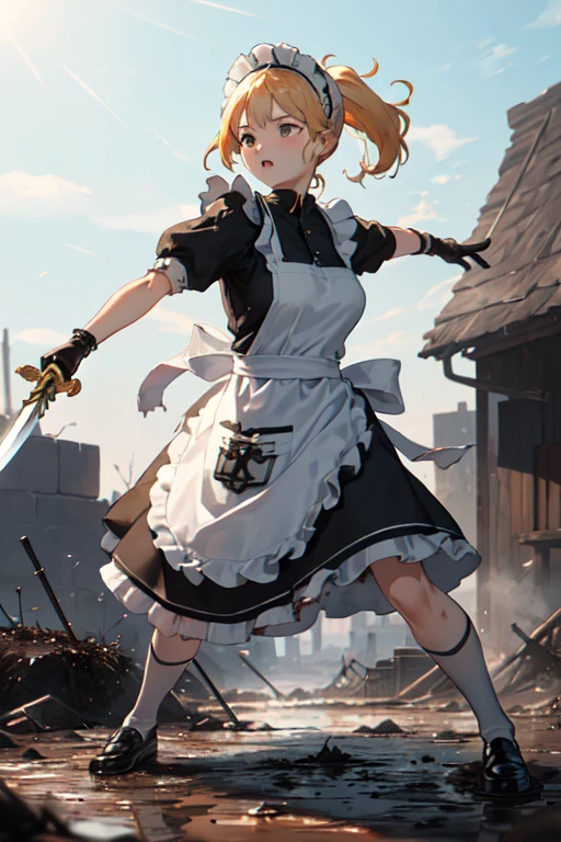 (((Highest quality))), ((masterpiece)), (((detailed))), (((Attention to detail))), One girl, cute, Blonde, Blonde碧眼, Small breasts, ((Black maid outfit, White apron, Headband, The skirt is long)), (((A girl in a maid outfit is fighting with a large sword))), Has a big sword, ((Western design sword)), (((The sword is held by a stick.))), ((燃えているbattlefield1.6)), wasteland, fierce fighting, Fierce Battle, Intense Battle, A Close Battle, battlefield, sparks, Enemy, Tsuba competition, Slashing, (((Soot and mud, 服やエプロンがdirty, dirty, 全身がdirty, Tattered 1.6))), (((Soot and mud, メイド服がdirty, エプロンがdirty, My clothes are in tatters, ))), ((My clothes are covered in soot, Covered in mud, Covered in charcoal, )), ((The skirt is torn to shreds)), ((The apron is torn to shreds, Torn)), 
