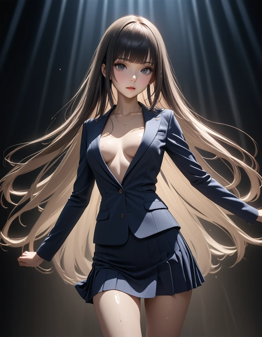 best quality, masterpiece, high resolution,cowboy shot,1woman,25 year old beauty,black hair,long hair,blunt bangs,black eyes,gorgeous eyes,、Dark blue blazer jacket,Navy blue mini skirt、medium breasts, skinny,slender body,lifelike,Side lighting,  (oily skin:1.2), 8K Ultra HD, Soft Light, high quality, Volumetric Lighting,photography, high resolution, 8K,